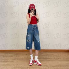 批发设计感破洞<b class='q'>牛仔</b><b class='q'>短裤</b>女2026夏季薄款显瘦假两件屁帘七分直筒阔腿裤