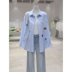 批发学院风趣味刺绣翻领格纹长袖防晒衬衫女春夏季宽松<b class='q'>休闲</b>松弛感衬衣