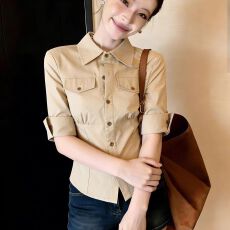 批发韩系气质通勤卡其色褶皱修身五分<b class='q'>袖</b>翻领衬衫女高级感收腰早春<b class='q'>上衣</b>