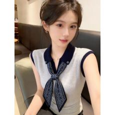 批发时尚撞色丝巾Polo领针织背心女2026夏季新款外穿无袖t恤百搭上衣