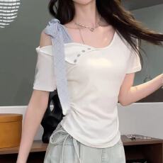 批发2026夏季新款不规则绑带蝴蝶结<b class='q'>孕妇</b><b class='q'>T</b>恤女<b class='q'>修身</b>显瘦小众短款上衣女