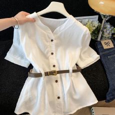 批发法式小资短袖棉麻衬衫<b class='q'>女</b>夏季设计感系带收腰显瘦衬衣配腰带白上衣