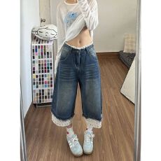 批发美式复古设计感蕾丝拼接七分<b class='q'>牛仔裤</b>女直筒宽松修身显身材<b class='q'>休闲</b>裤子