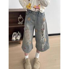 批发美式复古牛仔七分裤女夏季新款宽松<b class='q'>休闲</b>百搭阔腿裤高腰显瘦直筒裤