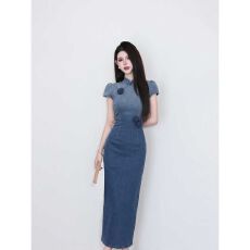 批发蓝色新中式国风改良旗袍连衣裙女<b class='q'>春</b>季长裙小众设计感高端礼服裙子
