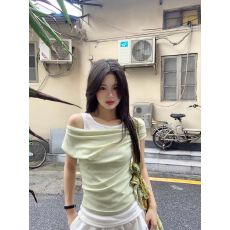 批发韩系ins纯欲拼接假两件露肩<b class='q'>孕妇</b><b class='q'>T</b><b class='q'>恤</b>女夏季新款修身显瘦一字肩上衣
