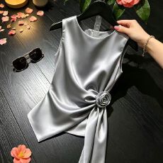 批发轻奢优雅风立体花朵飘带<b class='q'>背心女</b>黑色无袖显瘦高级感上衣