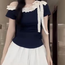 批发韩系木耳边绑带斜肩短袖<b class='q'>T</b><b class='q'>恤</b>女夏季设计感修身显瘦<b class='q'>孕妇</b><b class='q'>甜辣</b>妹上衣