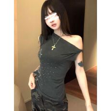 批发欧美<b class='q'>街头</b>星星印花短袖t恤女夏季新款修身辣妹显瘦灰色斜肩上衣ins