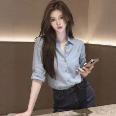 批发浅蓝色衬衫女2026年春季新款高级设计感<b class='q'>欧美风</b>优雅通勤显气质上衣