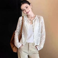 批发法式温柔风蕾丝圆领单排扣开衫女夏季薄款短外套简约休闲微透上衣