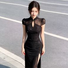 批发新中式性感网纱提花<b class='q'>连衣裙</b>收腰<b class='q'>开叉</b>气质长裙沐足技师柔式工作服女