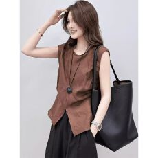 批发<b class='q'>棉麻</b>亚麻无袖背心<b class='q'>衬衫</b>女士夏季大码不规则开叉短款欧洲站上衣小衫