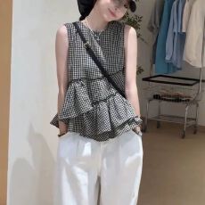 批发十三行<b class='q'>韩版</b>新款通勤淑女背心荷叶边设计感小众套头上衣无袖衬衫女