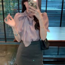批发夏季法式甜美蝴蝶结<b class='q'>短袖</b>衬衫夏天新款时尚百搭修身显瘦<b class='q'>雪纺上衣</b>女