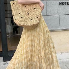 批发肌理感褶皱格子半身裙女夏季法式网纱中长仙女裙遮肉a字大摆纱裙