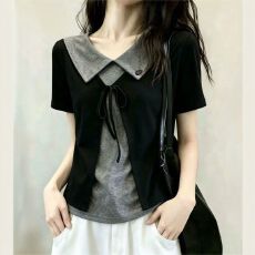 批发短袖<b class='q'>t</b><b class='q'>恤</b>女2026夏季新款设计感<b class='q'>娃娃领</b>撞色假两件气质上衣时尚洋气