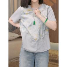 批发韩版时尚休闲风<b class='q'>花朵</b>印花短袖T恤女2026洋气宽松显瘦套头圆领上衣