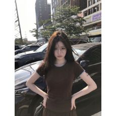 批发韩系辣妹撞色<b class='q'>贝壳</b>边圆领短袖T恤女夏2026新款设计感小众正肩上衣