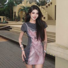 批发纯欲风辣妹复古做旧假两件<b class='q'>连衣裙</b>女夏显瘦百搭甜酷<b class='q'>运动</b>风包臀短裙