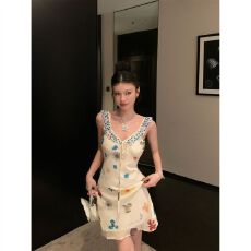 批发300斤大码女装度假风晕染彩色小花雪纺小飞袖斜裁设计感吊带裙INS