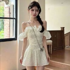 批发韩版荷叶边一字肩复古波点<b class='q'>连衣裙</b><b class='q'>夏</b>季新款气质A字裙女