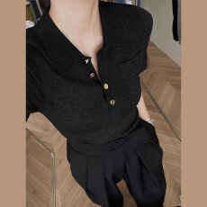 批发高级感黑色polo领正肩短袖T恤女<b class='q'>春</b>夏冰丝针织衫翻领法式气质上衣