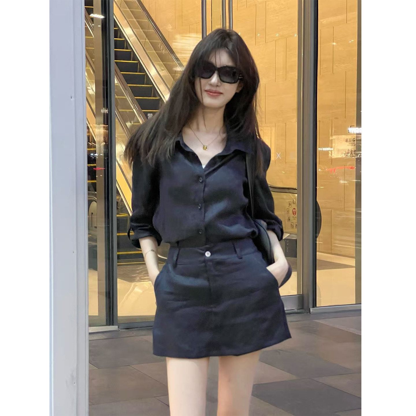 老钱风休闲衬衫套装女夏新款深蓝...