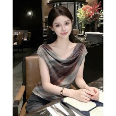 批发设计感渐变撞色荡领无袖T恤女夏季轻薄网纱修身短款气质通勤上衣