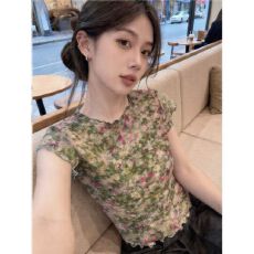 批发轻熟风花卉印花网纱短袖T恤夏透气双层网纱薄款显瘦气质上衣chic