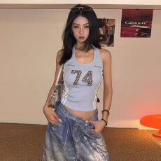 批发DoubleD美式<b class='q'>街头</b>辣妹豹纹印花运动风挂脖吊带背心女修身显瘦上衣