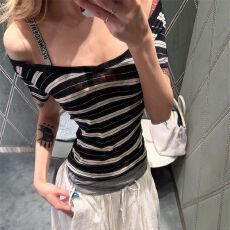 批发女生夏季撞色条纹百搭休闲短袖<b class='q'>T</b><b class='q'>恤</b>港式复古微透高弹修身chic上衣