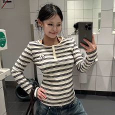 批发美式复古条纹亨利长袖秋季2026打底<b class='q'>新款</b>显瘦修身辣妹T恤上衣