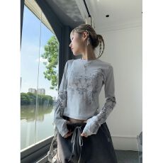 批发Y2K<b class='q'>欧美</b>夏季复古女装印花街头时尚个性长袖套头圆领T恤休闲上衣