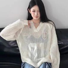 批发美式潮牌运动风针织镂空<b class='q'>V领</b>上衣男女春夏款薄款宽松休闲球衣罩衫