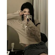 批发薄款连帽长袖T恤女2026秋季新款小众设计感<b class='q'>印花</b>防晒修身短款上衣