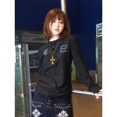 批发美式骷髅头<b class='q'>印花</b>亨利领黑色长袖t恤女秋季精棉复古修身打底衫上衣