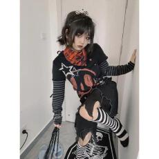 批发y2k千禧辣妹原宿朋克<b class='q'>印花</b>长袖假两件设计感摇滚休闲T恤上衣女春秋