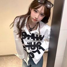 批发美式高级感潮流字母<b class='q'>印花</b>长袖衬衣春季新款宽松百搭白色休闲上衣女