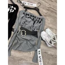 批发秋季新款露肩字母<b class='q'>印花</b>长袖T恤潮女无腰带收腰显瘦时尚休闲ins上衣