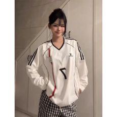 批发美式运动t恤女早春织带撞色拼接长袖oversize宽松休闲情侣<b class='q'>v领</b>上衣