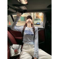 批发甜酷风字母印花针织<b class='q'>长袖</b>T恤女夏季美式薄款蓝色防晒罩衫短款上衣