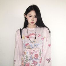 批发少女家 美式趣味涂鸦印花长袖T恤男女同款宽松慵懒防晒罩衫上衣潮