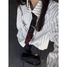 批发美式复古cleanfit条纹泡泡纱<b class='q'>衬衫女</b>款秋季高级感休闲正肩长袖衬衣