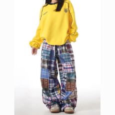批发秋季新款美式复古彩色拼接格纹阔腿裤女休闲百搭拖地长裤女ins潮