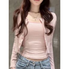 批发美式复古撞色条纹长袖t恤女<b class='q'>春</b>季修身显瘦设计感慵懒叠穿两件套装