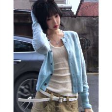 批发蓝色慵懒韩系开衫毛衣长袖纽扣针织衫修身显瘦早<b class='q'>春</b>短款外套上衣