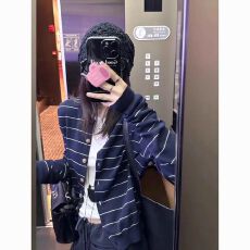 批发宁帮主藏青色条纹针织开衫女早秋新款韩系穿搭chic毛衣外套上衣女