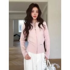 批发清新拉链麻花粉色针织开衫女早春蝴蝶结慵懒修身显瘦外套收腰上衣