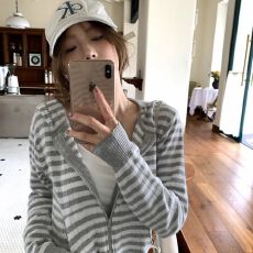批发条纹连帽长袖针织衫外套女2026秋季新款韩系宽松显瘦短款开衫上衣